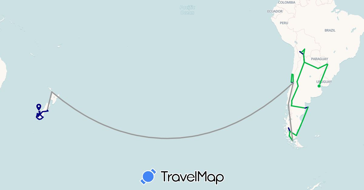 TravelMap itinerary: driving, bus, plane in Argentina, Bolivia, Chile, New Zealand (Oceania, South America)